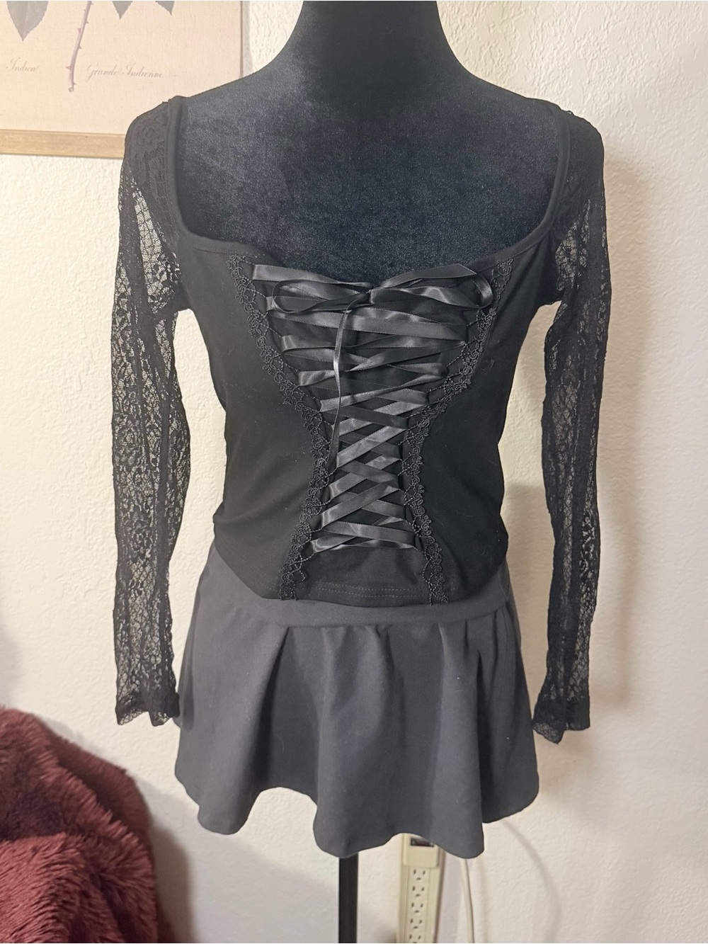 Black Lace Up Corset Lacy Long Sleeve Top